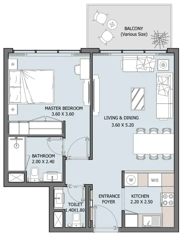 Oceana 1 bed floor plan, 680 sqft