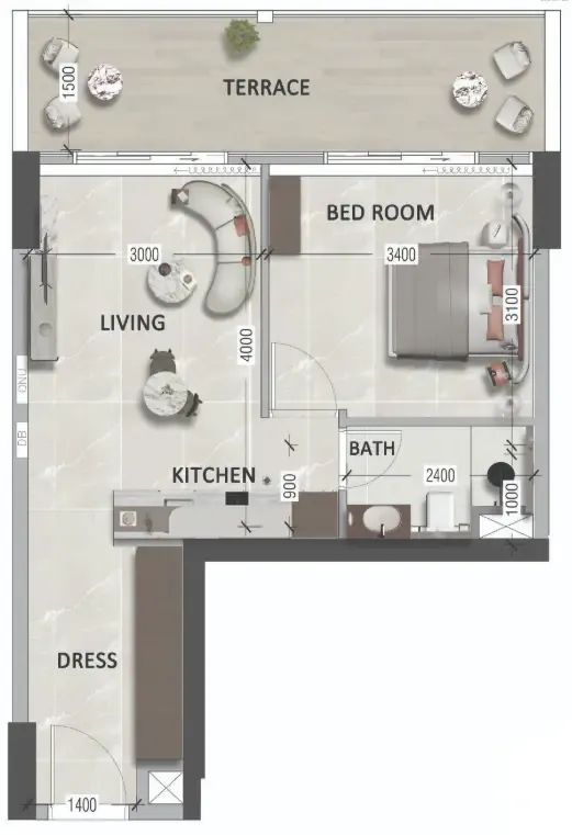 South Lofts 1 bed floor plan, 543 sqft