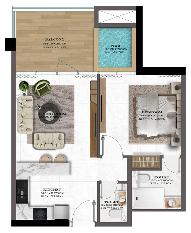 Lazord by Lapis Phases 1 and 2 1 bed floor plan, 729 sqft