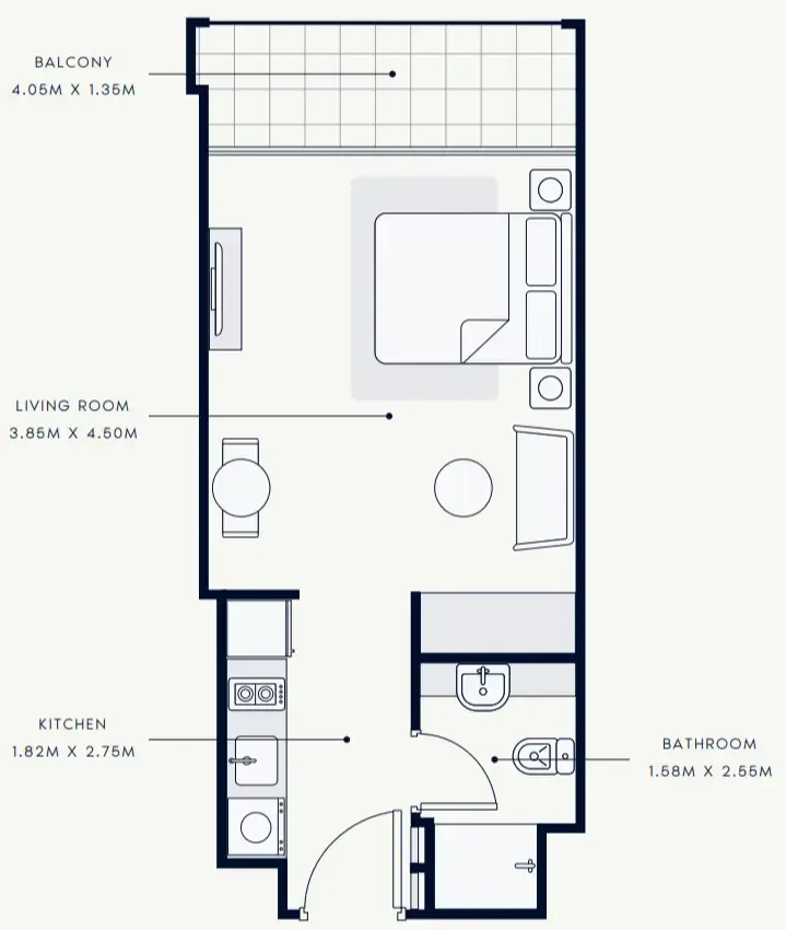 Riviera Beachfront Studio floor plan, 396 – 494 sqft