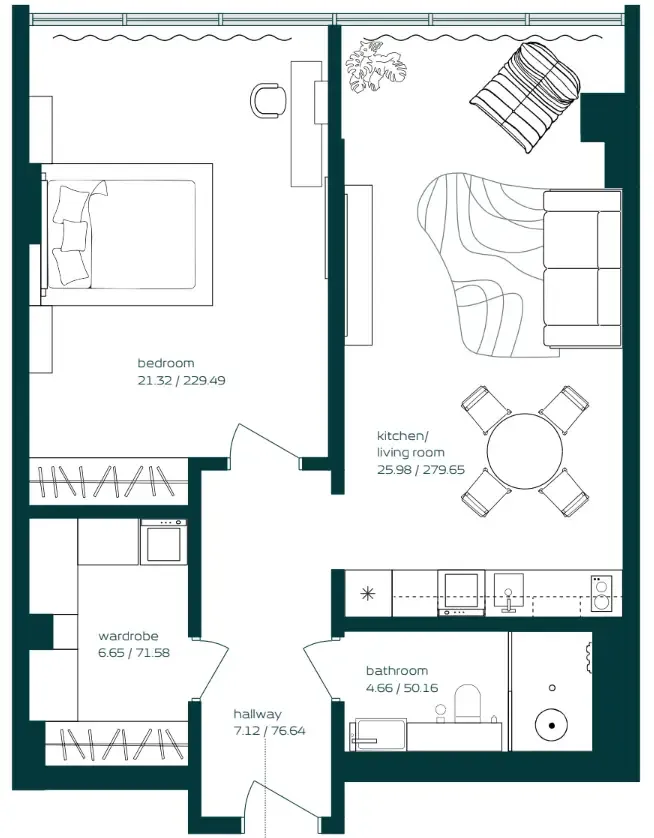 Vibe 1 bed floor plan, 802 sqft