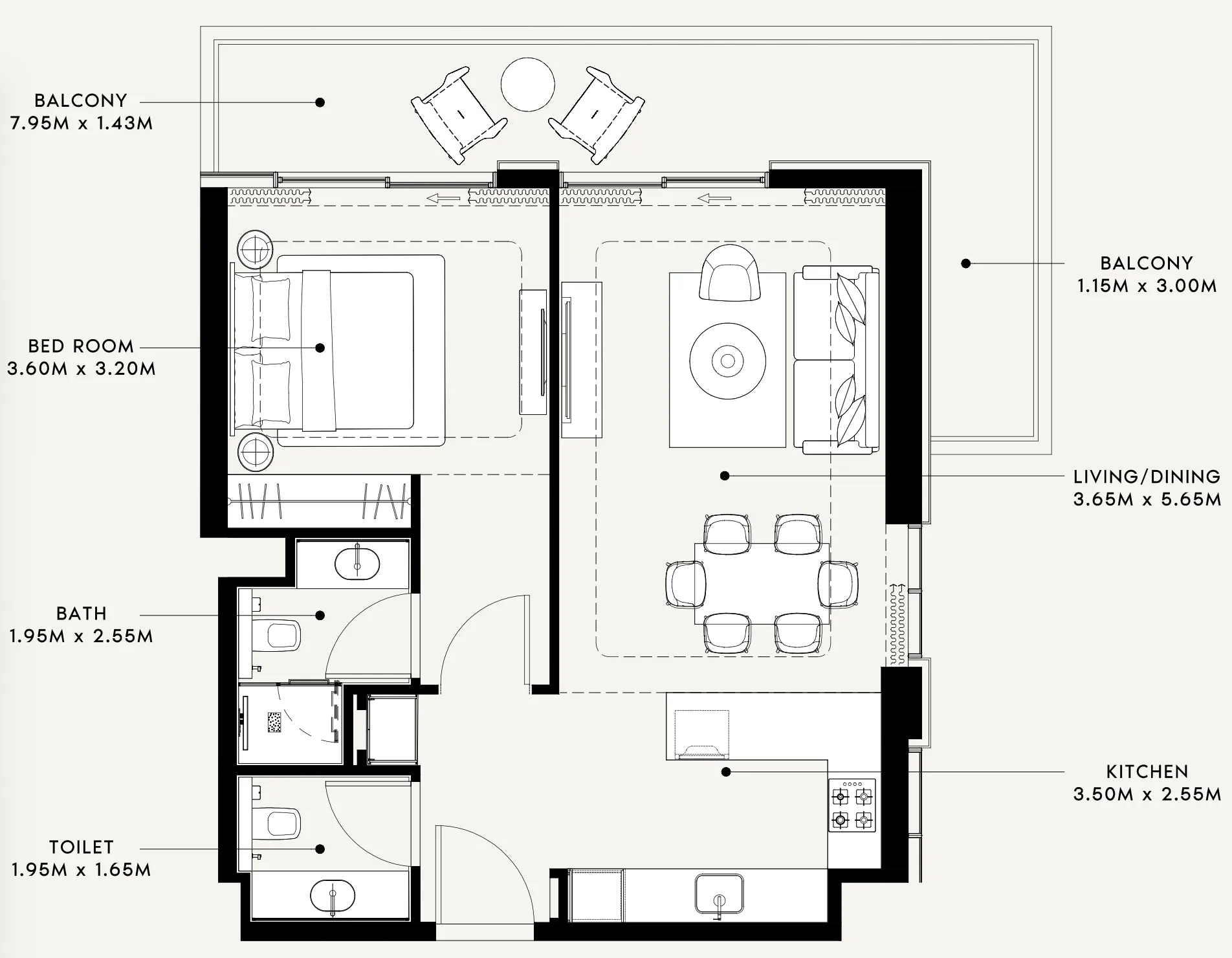 Riviera 60 1 bed floor plan, 816 – 883 sqft