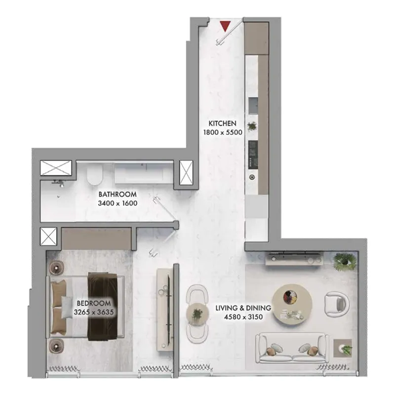 Elmora 1 bed floor plan, 502 sqft
