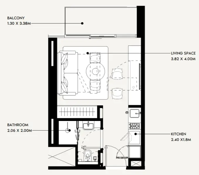 Jaddaf Beach Oasis Studio floor plan, 356 sqft