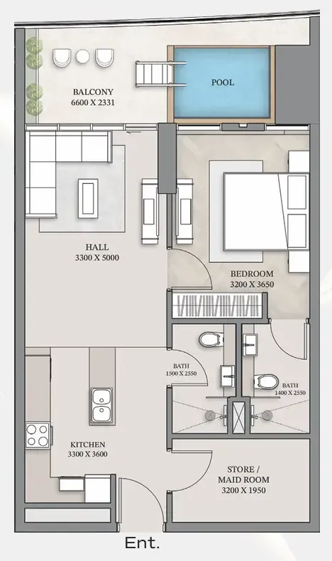 Empire Gardens 1 bed floor plan, 840 sqft