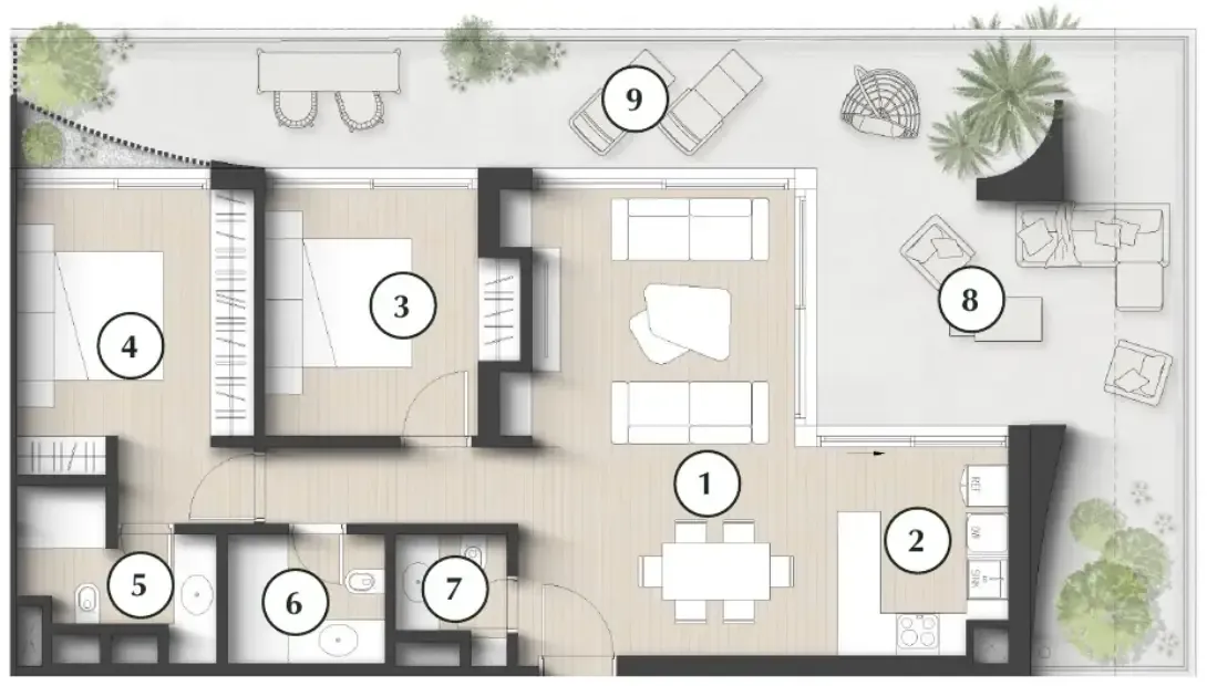 Lunaya Terraces 2 bed floor plan, 1,615 sqft