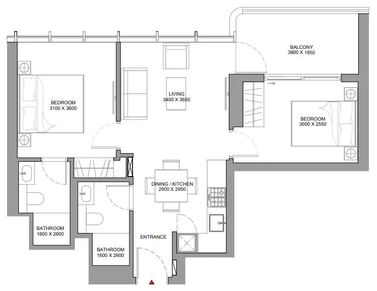 Sobha Aquamont 2 bed floor plan, 722 sqft
