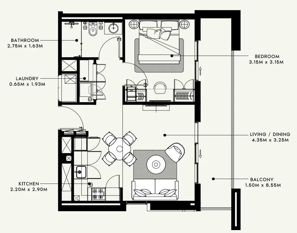 Beach Oasis 1 and 2 1 bed floor plan, 689 sqft