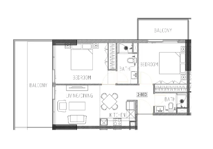 Evergreens 2 bed floor plan, 906 sqft