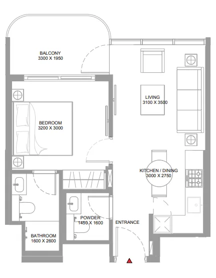 Yachtside Marina Residences 1 bed floor plan, 548 sqft
