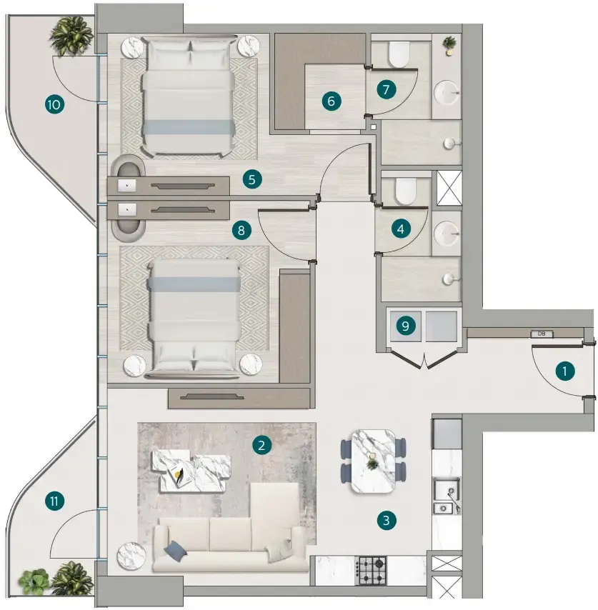 Flora Shore Beachside Residences 2 bed floor plan, 1,025 – 1,027 sqft