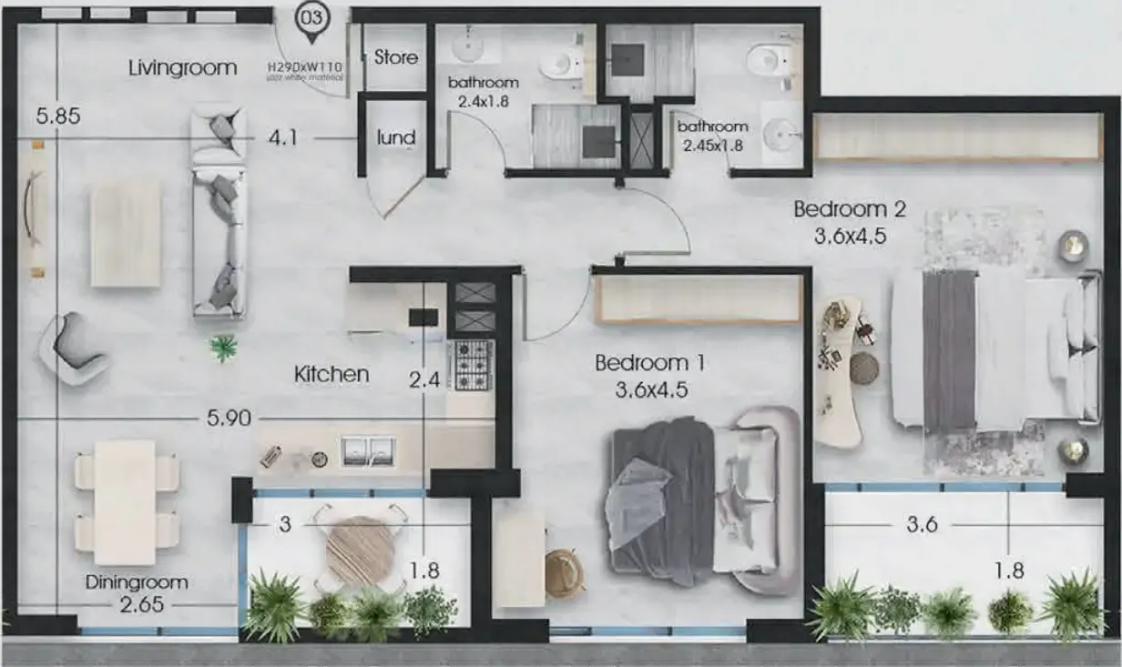 Ethan 2 bed floor plan, 1,062 sqft