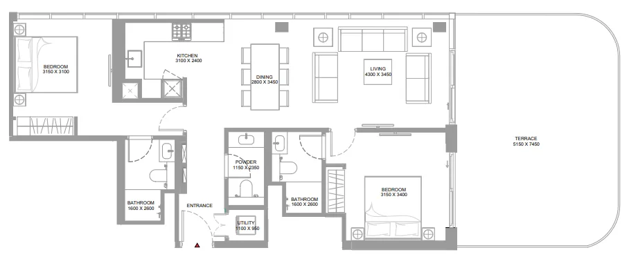Canalside Marina Residences 2 bed floor plan, 1,358 – 1,359 sqft