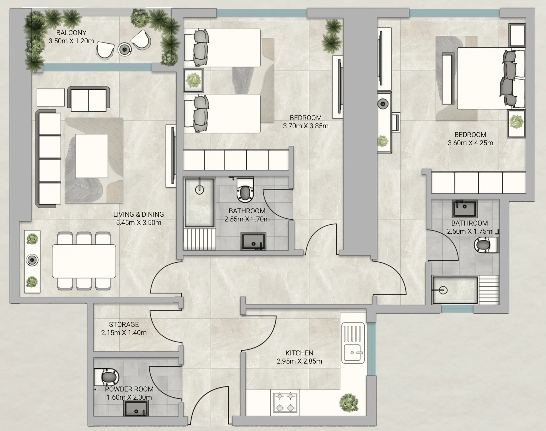 Sky Gardens Tower 2 bed floor plan, 1,535 sqft