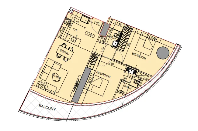 Binghatti Aquarise 2 bed floor plan, 1,090 sqft