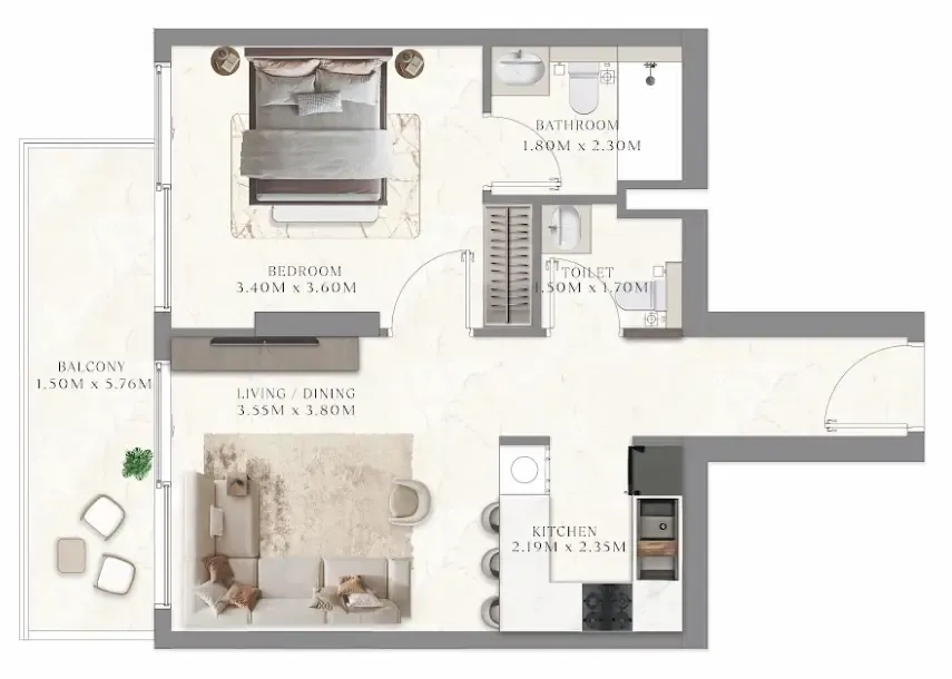 Aum 99 Residences 1 bed floor plan, 641 sqft