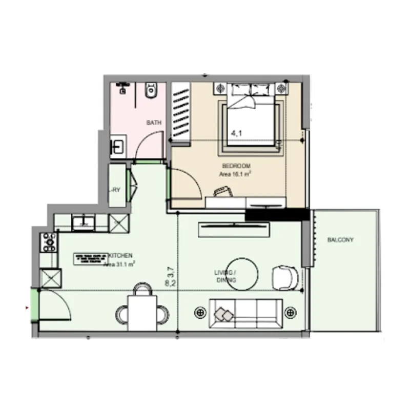 Edgewater Residences 1, 2 and 3 1 bed floor plan, 730 sqft