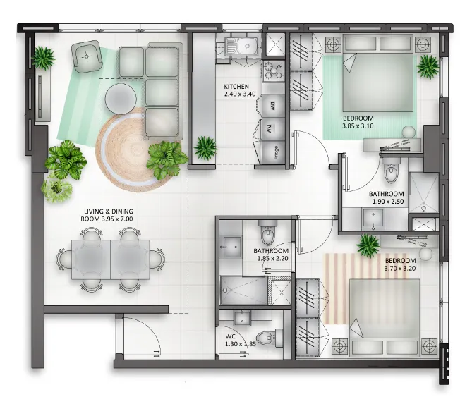 Al Mamsha Sharjah 2 bed floor plan, 1,264 sqft
