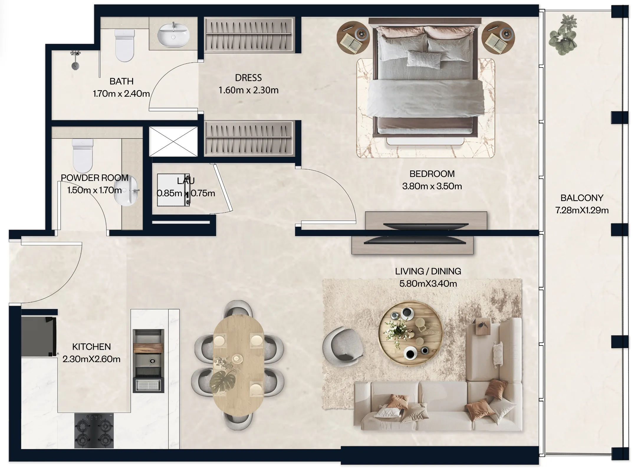Norah Residence 1 bed floor plan, 743 sqft