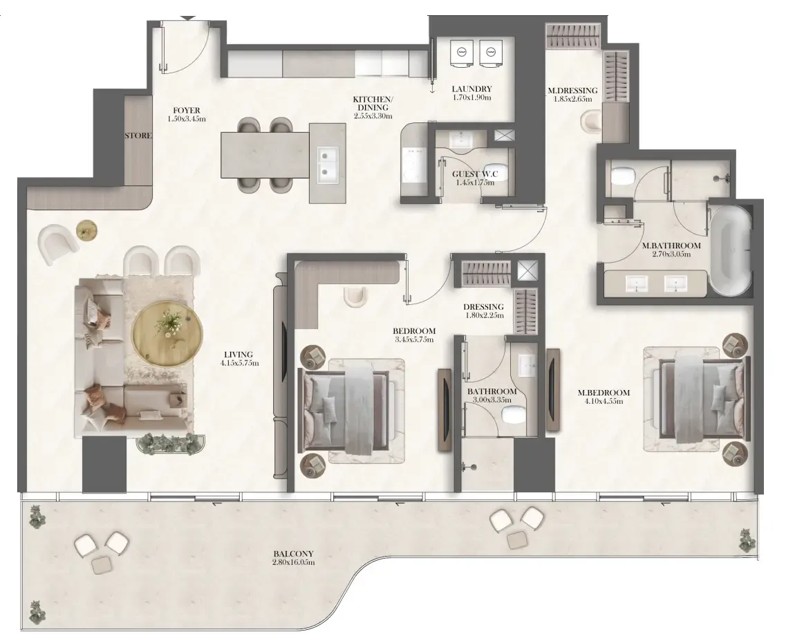 Jumeirah Residences at Al Maryah Island 2 bed floor plan, 2,009 sqft