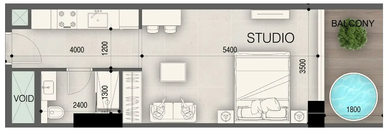 Peace Avenue Studio floor plan, 439 sqft