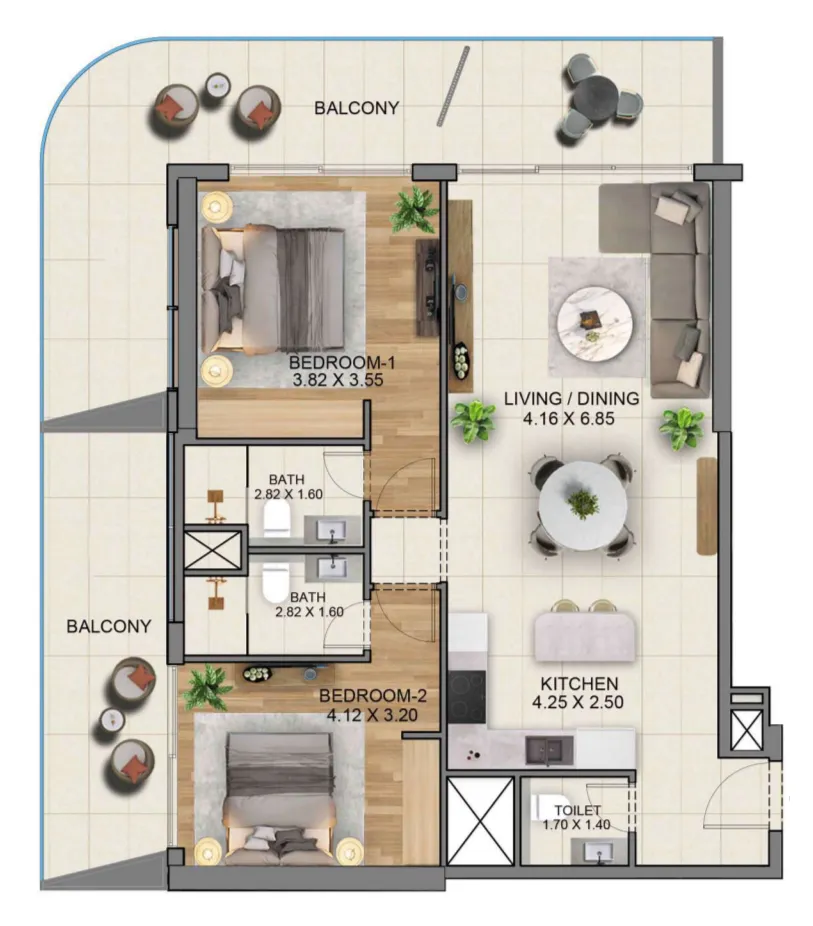 Sky Hills Residence 3 2 bed floor plan, 1,489 – 1,492 sqft