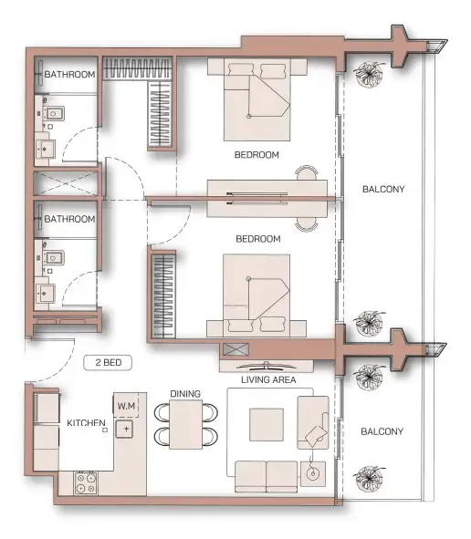 Binghatti Pinnacle 2 bed floor plan, 1,102 sqft