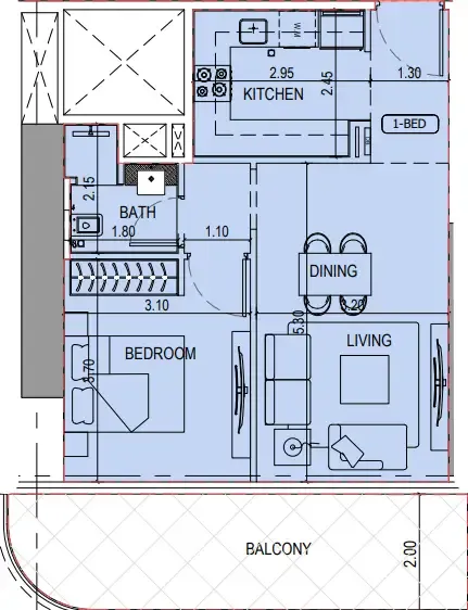 Binghatti Sky Terraces 1 bed floor plan, 705 sqft