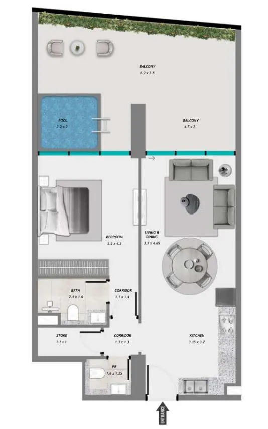 Samana Resorts 1 bed floor plan, 806 – 1,219 sqft