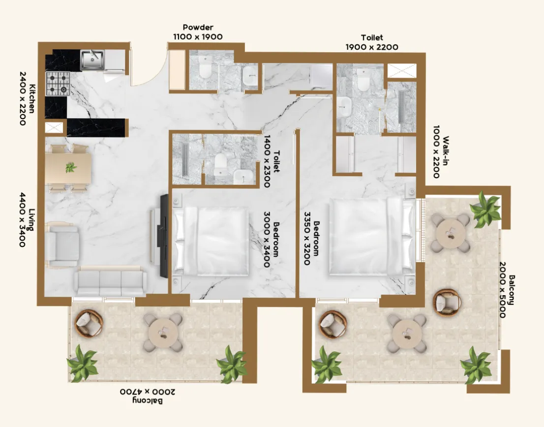 RR Residence 2 bed floor plan, 1,151 sqft