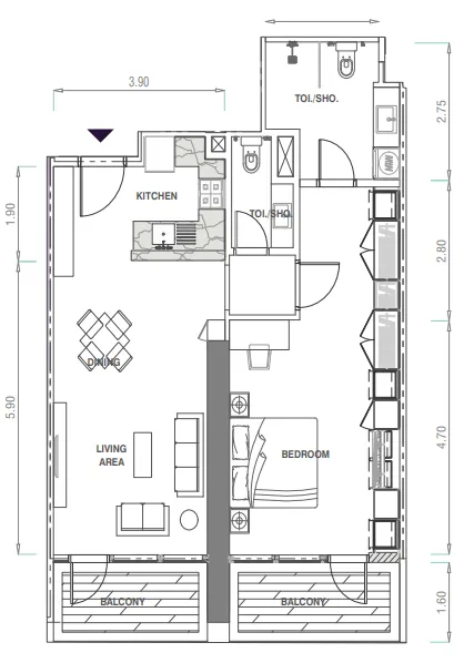 MBL Signature 1 bed floor plan, 935 sqft