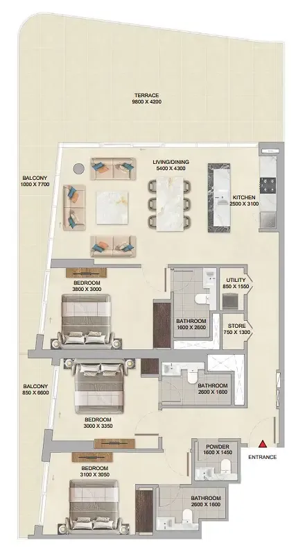 River Cove Residences at Sobha City 3 bed floor plan, 1,903 sqft