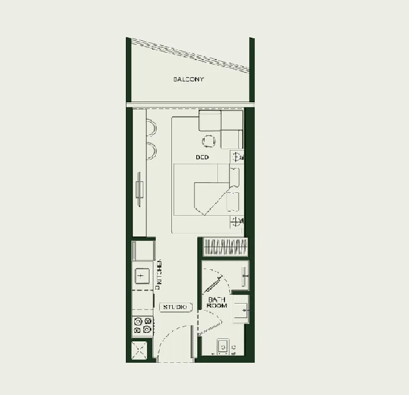 Binghatti HillCrest Studio floor plan, 355 – 368 sqft