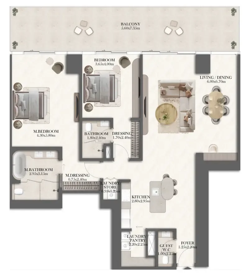 Jumeirah Residences at Al Maryah Island 2 bed floor plan, 1,893 sqft