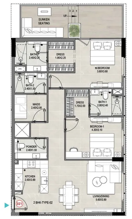 Reef 1000 2 bed floor plan, 1,356 sqft