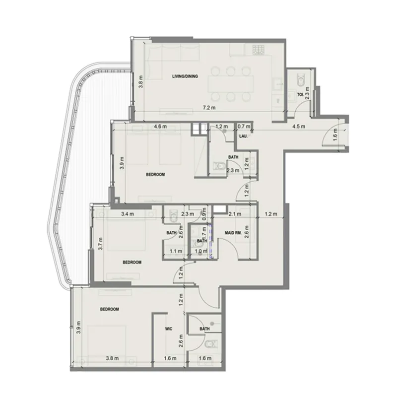 Blue Marina Residence 3 bed floor plan, 1,727 – 1,729 sqft