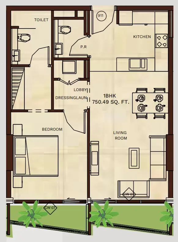 Gateway by Premier Choice 1 bed floor plan, 747 sqft
