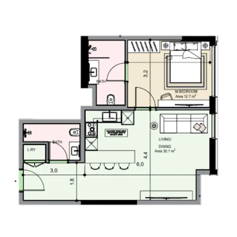 Edgewater Residences 1, 2 and 3 1 bed floor plan, 645 sqft
