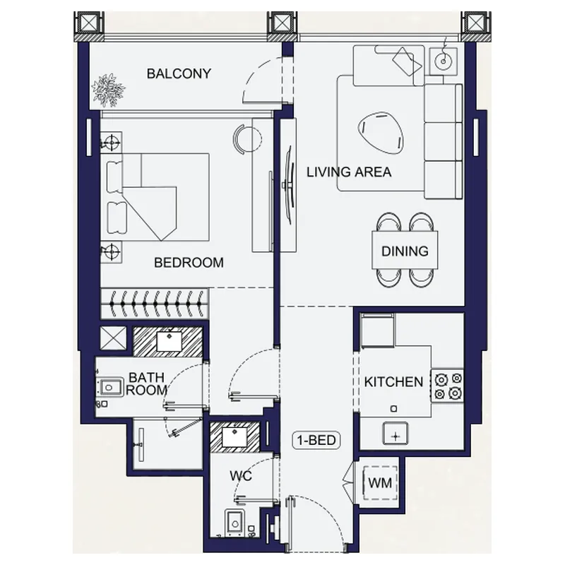 Binghatti Starfall 1 bed floor plan, 625 – 644 sqft