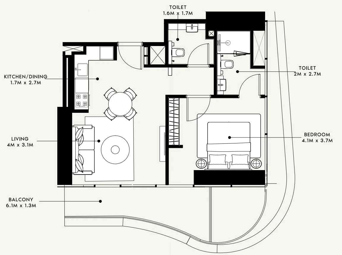 Azizi Milan 1 bed floor plan, 714 sqft