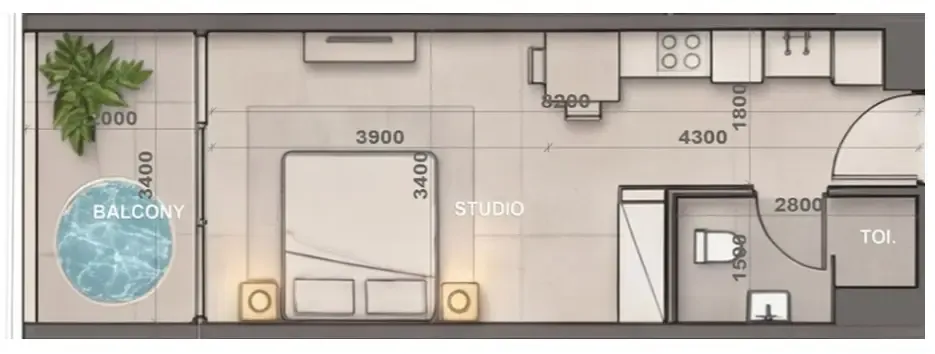 Sky Harmony Studio floor plan, 394 sqft