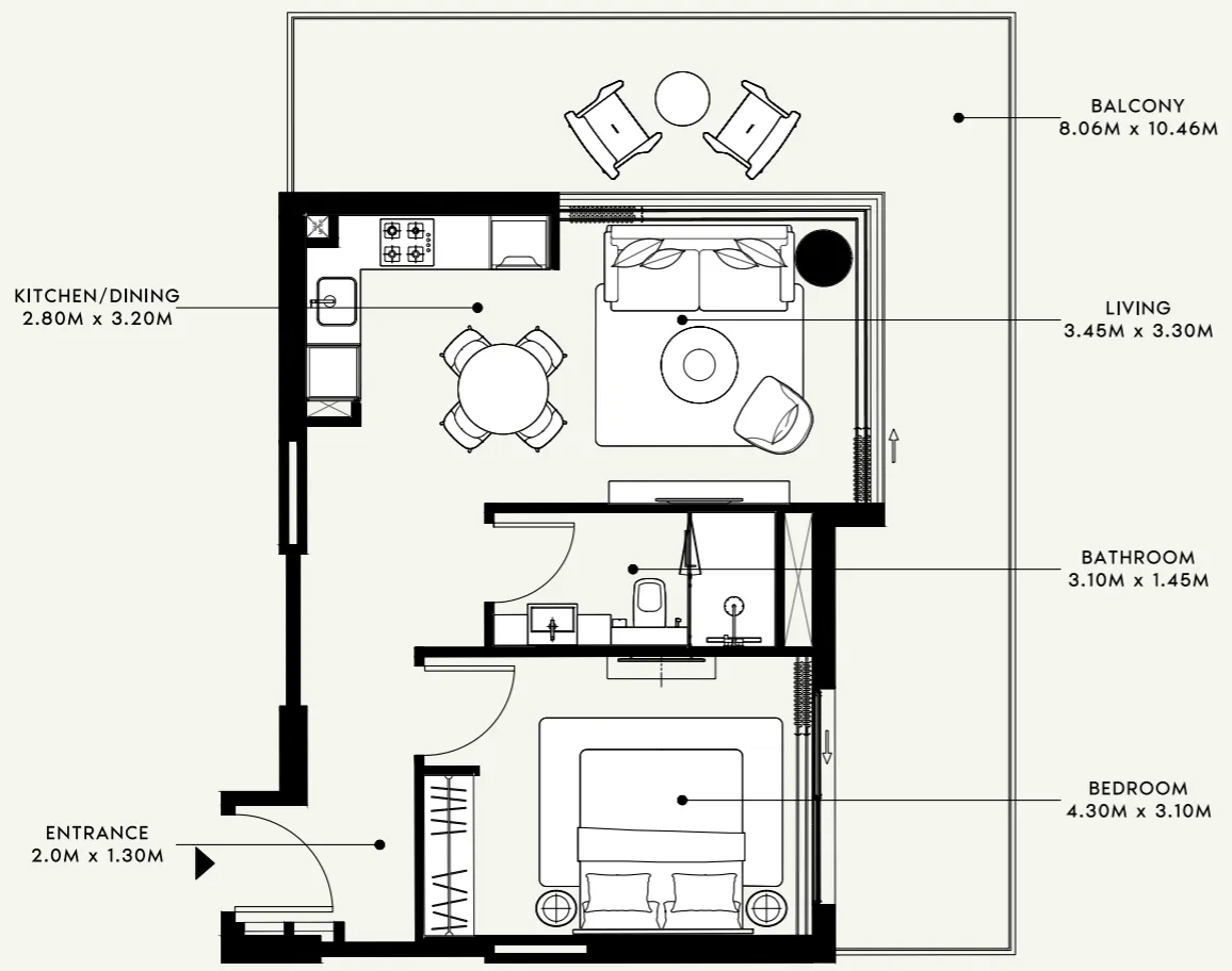 Azizi Venice 1 bed floor plan, 884 sqft