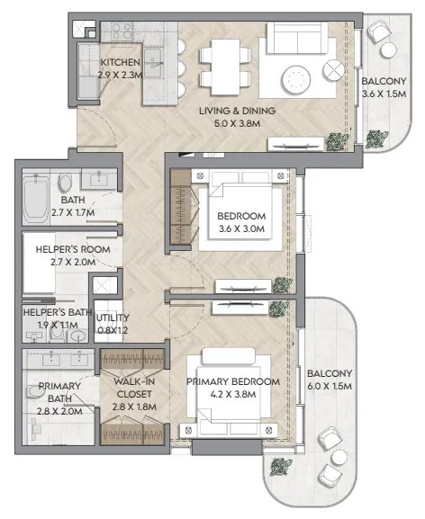 Nura 2 bed floor plan, 1,240 sqft