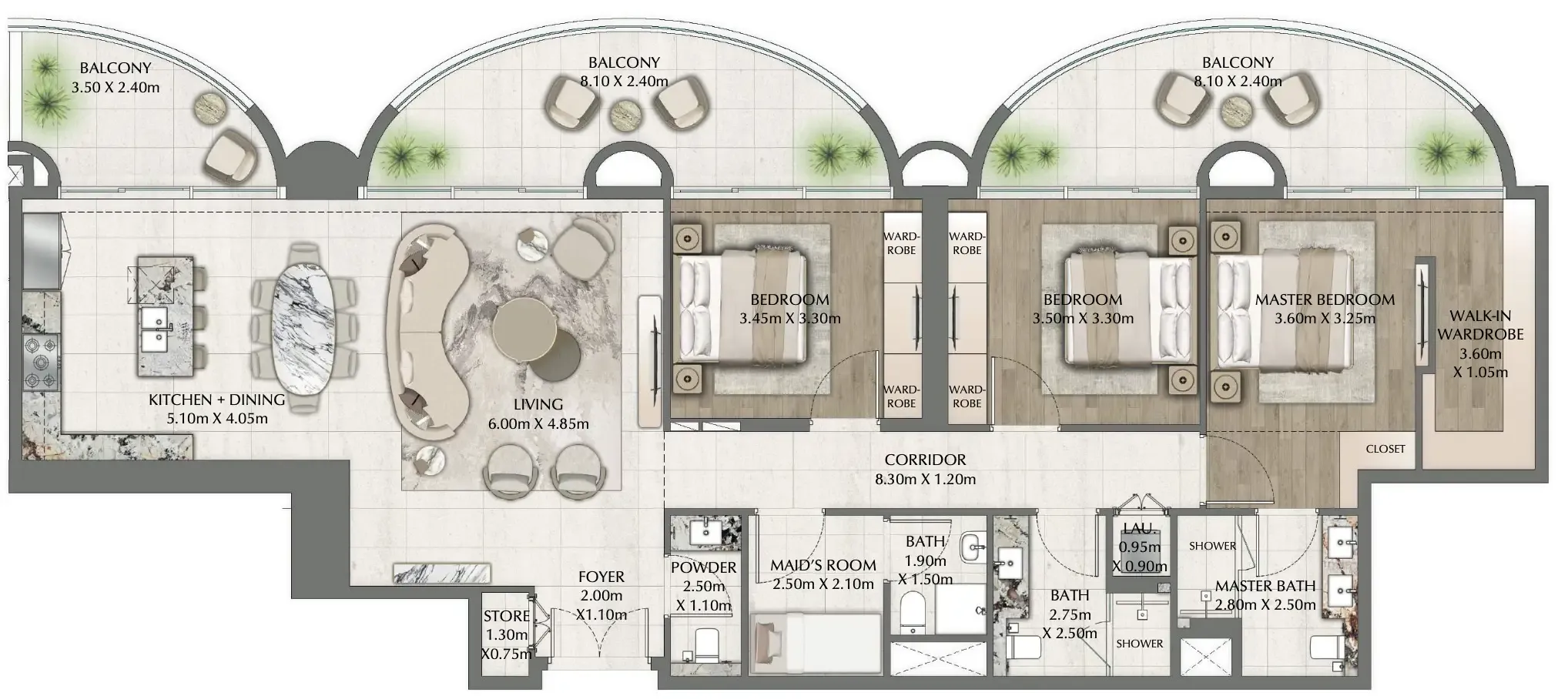 One Residence 3 bed floor plan, 2,073 sqft