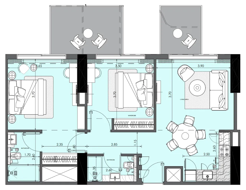 Azizi Wasel 2 bed floor plan, 967 sqft