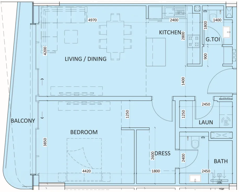 Luzora Residence 1 bed floor plan, 929 sqft