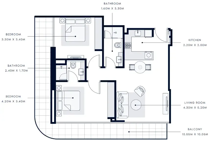 Azizi Grand  2 bed floor plan, 1,109 sqft