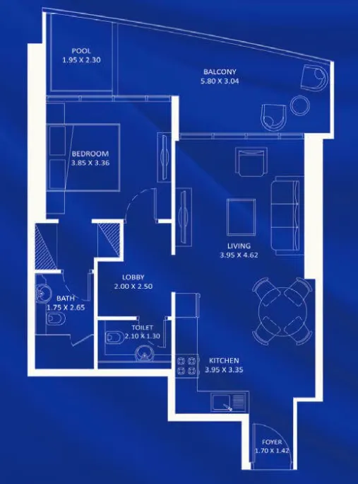 Fashionz 1 bed floor plan, 826 sqft