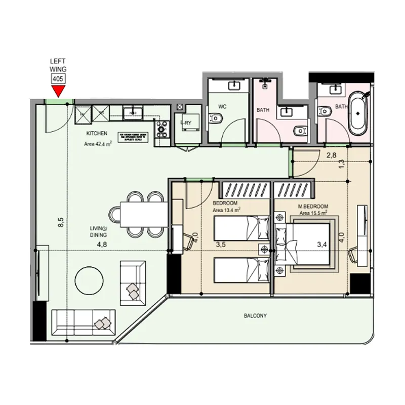 Edgewater Residences 1, 2 and 3 2 bed floor plan, 1,183 sqft