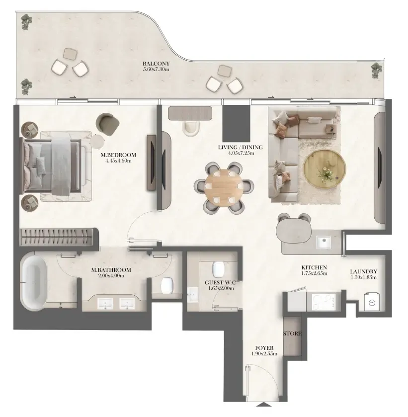 Jumeirah Residences at Al Maryah Island 1 bed floor plan, 1,240 sqft
